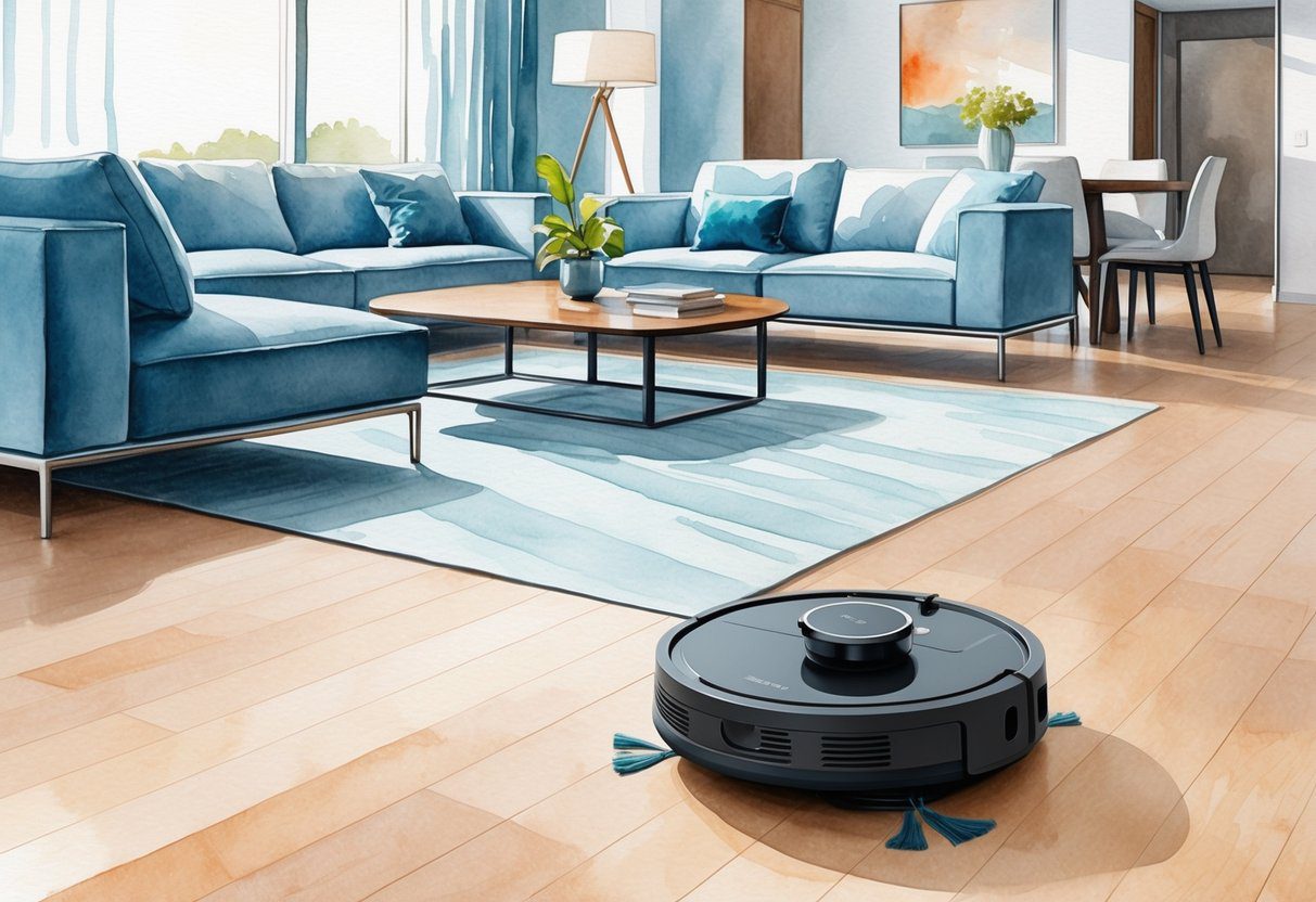 Un robot aspirateur et serpillère nettoie et se recharge de manière autonome dans un salon moderne avec des meubles élégants et des sols en bois franc.