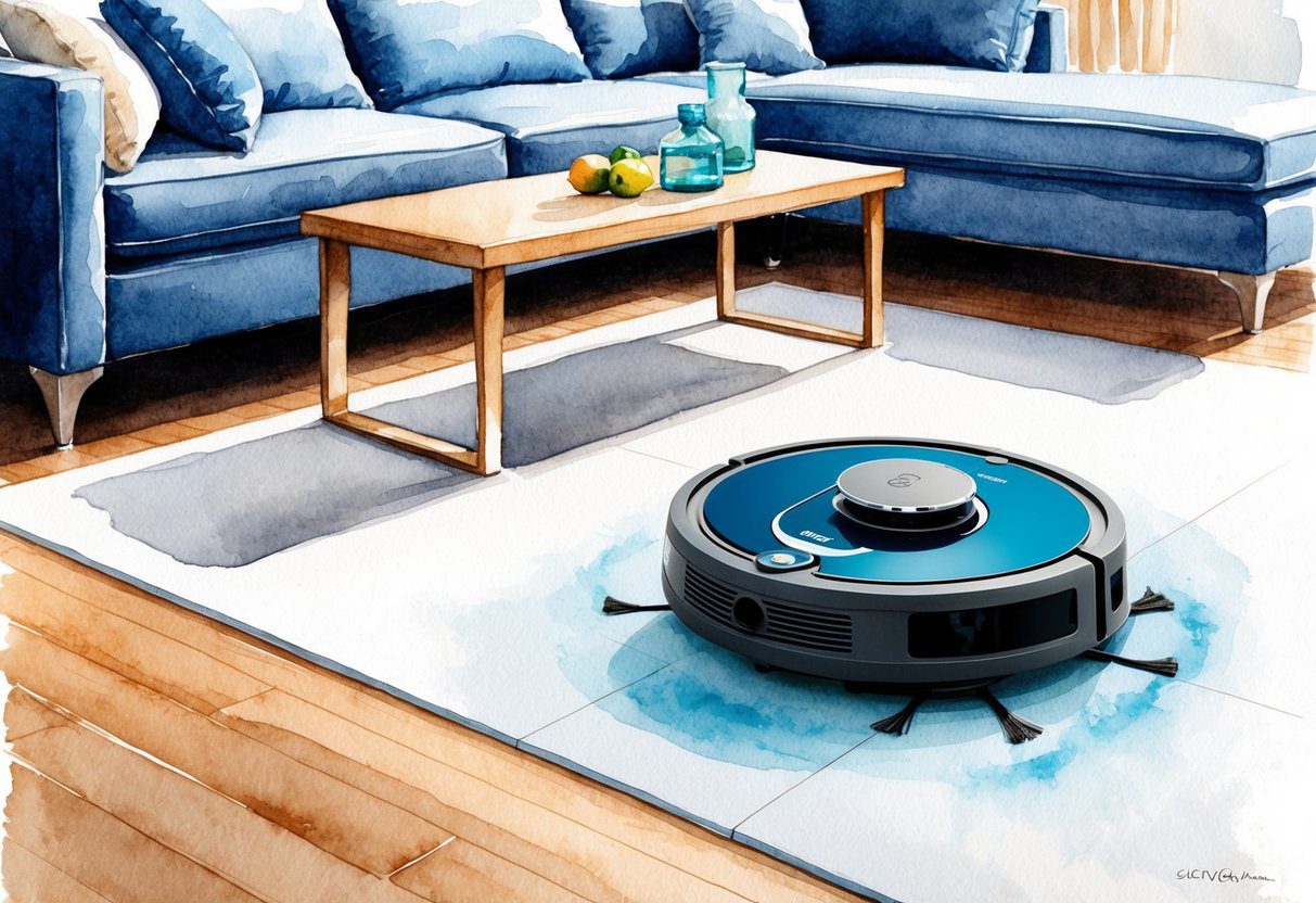 Un robot aspirateur et serpillère (SCVC226HB) nettoie le sol d'un salon avec précision et efficacité, laissant derrière lui une surface étincelante de propreté.