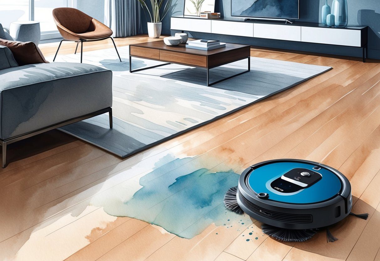 Un robot aspirateur et serpillière en action, nettoyant un salon moderne avec des meubles élégants et des sols en bois franc.