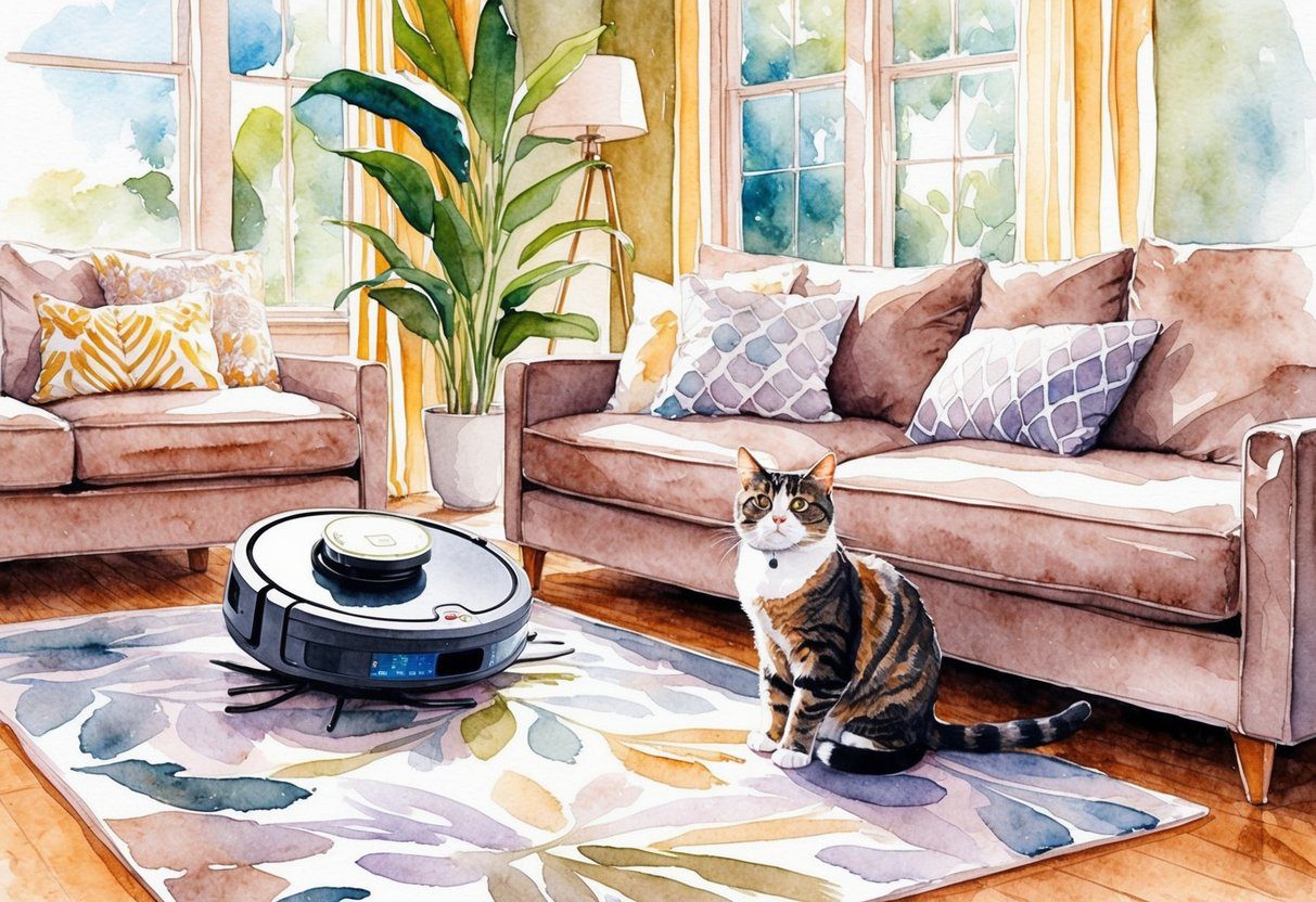 Un aspirateur robot et un chat dans un salon confortable