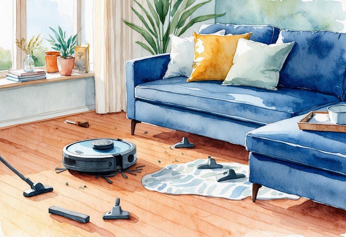 Un robot aspirateur nettoyant un salon avec des objets éparpillés