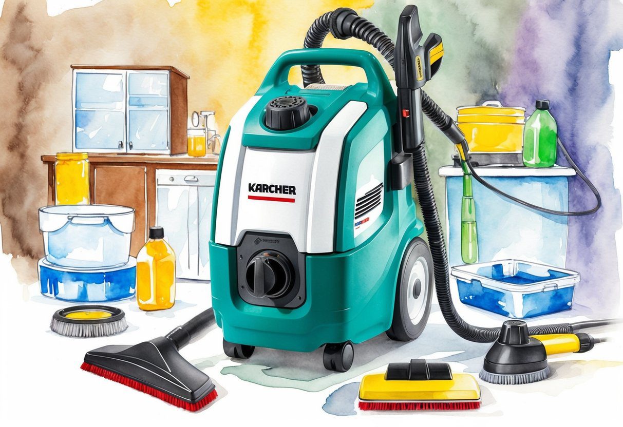 Un nettoyeur Karcher intégré avec des fonctionnalités et des technologies avancées, entouré de diverses surfaces et objets prêts à être nettoyés.