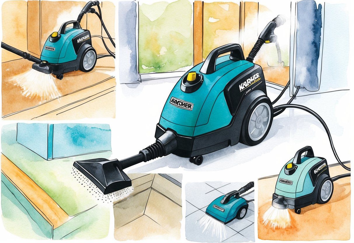 Un nettoyeur Karcher en action sur diverses surfaces, émettant de la vapeur et éliminant la saleté et la crasse.