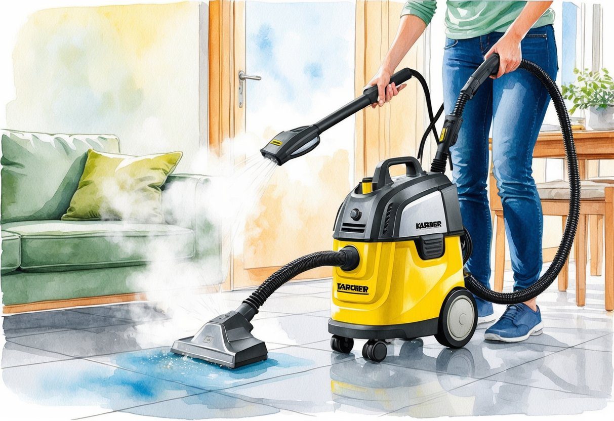 Un nettoyeur Karcher en action, émettant de la vapeur tout en éliminant sans effort la saleté et la crasse de diverses surfaces dans une maison.