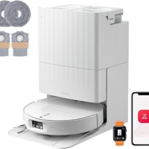 roborock Qrevo Edge 2 Set Robot Aspirateur Laveur, 25 000 Pa, 7,98cm Mince | Lavage des Serpillières à l'eau Chaude à 80°C, Évite 280+ Obstacles, Système Anti-enchevêtrement, Technologie FlexiArm, Blanc