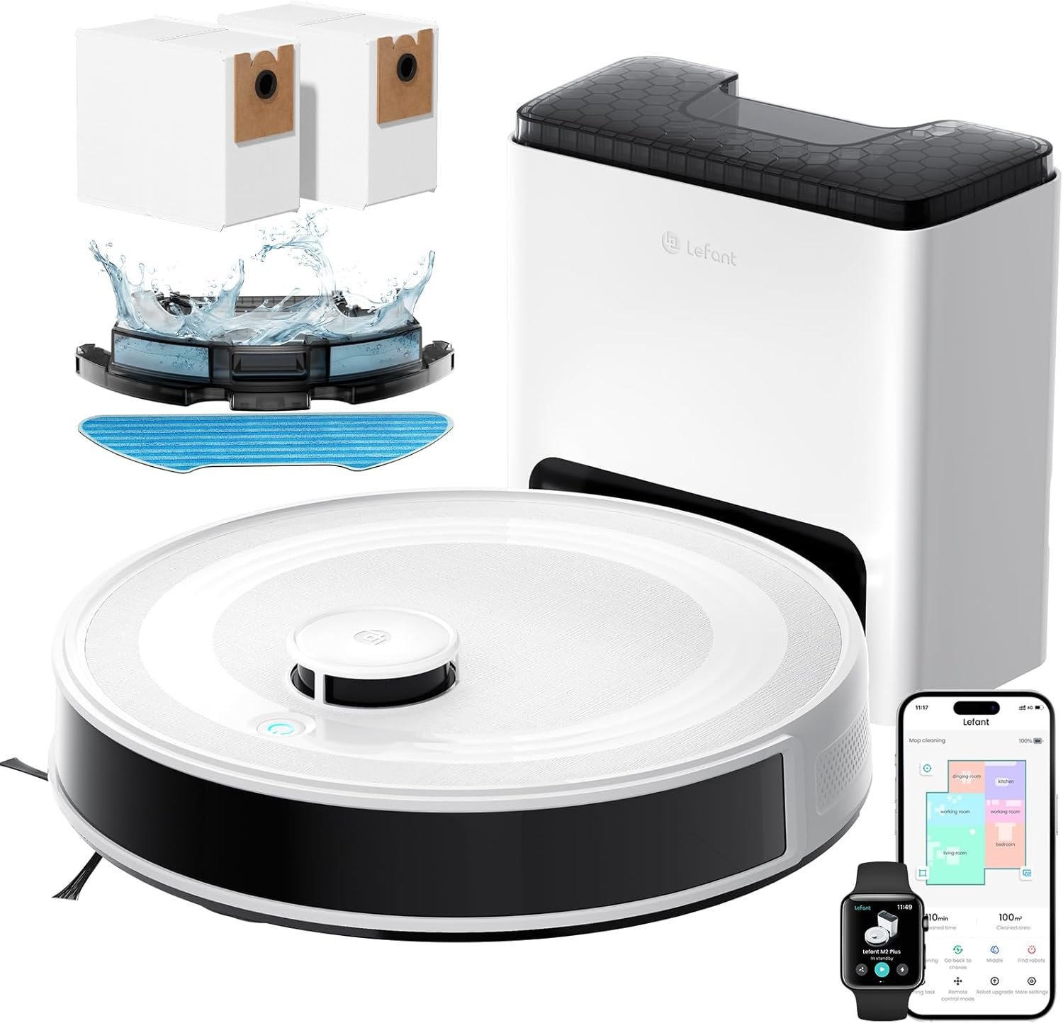 Lefant M2 Plus Robot Aspirateur Laveur avec Station 6000Pa, Blanc | Vidage Automatique avec Sac 2,5L,Navigation Laser dToF,Cartographie Intelligente,Évitement PSD,Poils d’Animaux,WiFi/App/Alexa