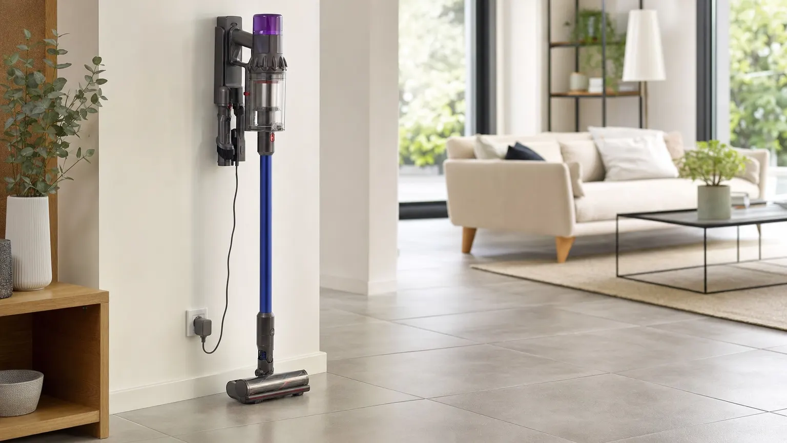 Aspirateur balai sans fil posé sur son support mural dans un salon