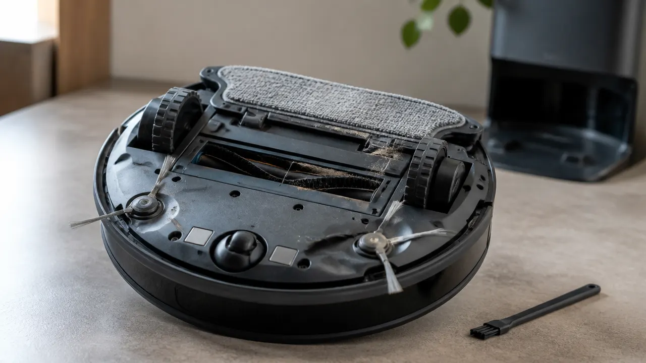 Brosses et entretien Dessous d’un robot aspirateur montrant les brosses et le support de serpillière