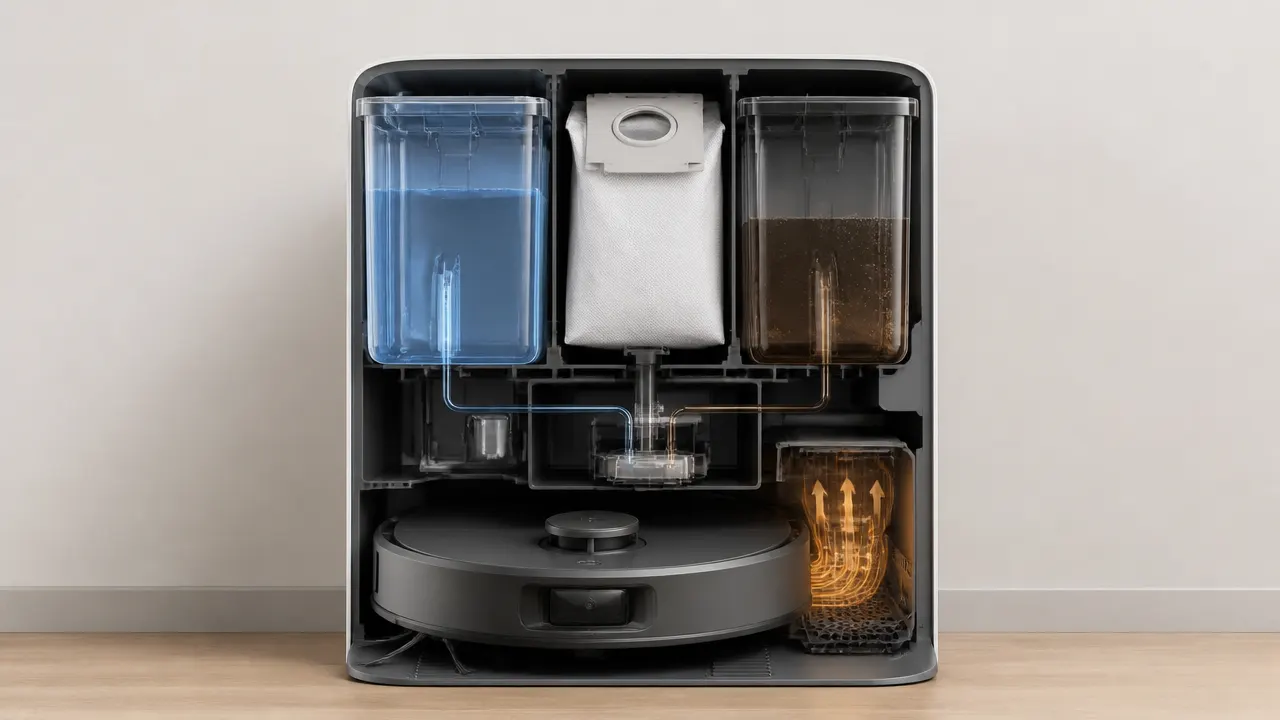 Coupe interne d'une station de nettoyage pour robot aspirateur