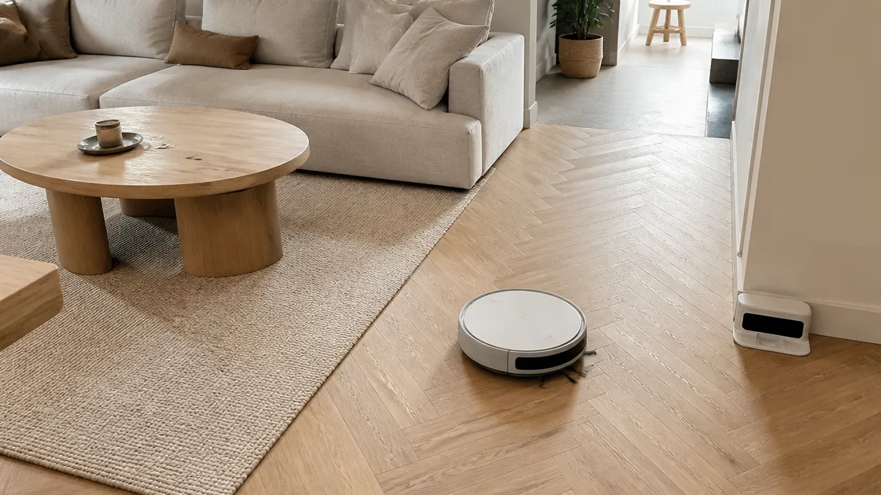 Choisir selon le logement Robot aspirateur circulant dans un salon avec parquet, tapis et canapé bas