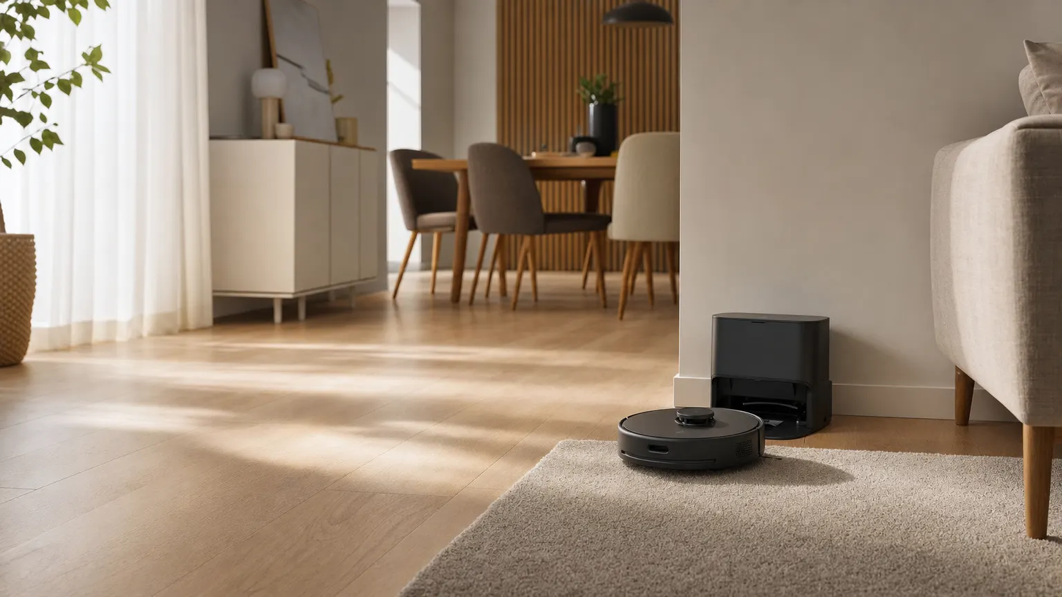 Choisir un robot aspirateur Robot aspirateur près de sa station entre un parquet clair et un tapis