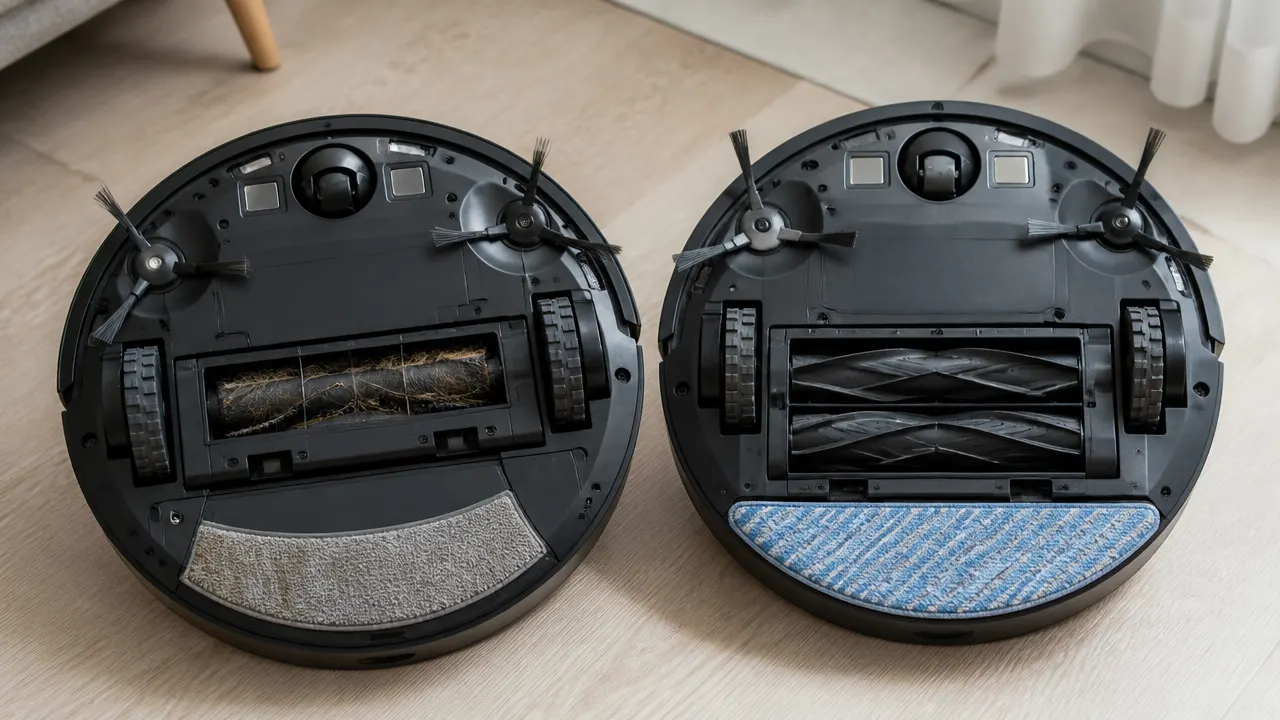 comparaison-brosses-robots-aspirateurs Deux systèmes de brosses de robots aspirateurs comparés avec des cheveux autour d’un rouleau