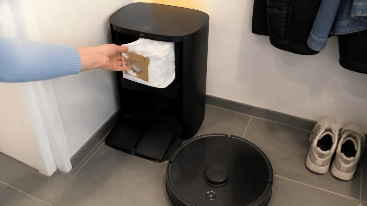 L'entretien qui reste avec une station Main retirant le sac d'une station d'auto-vidage
