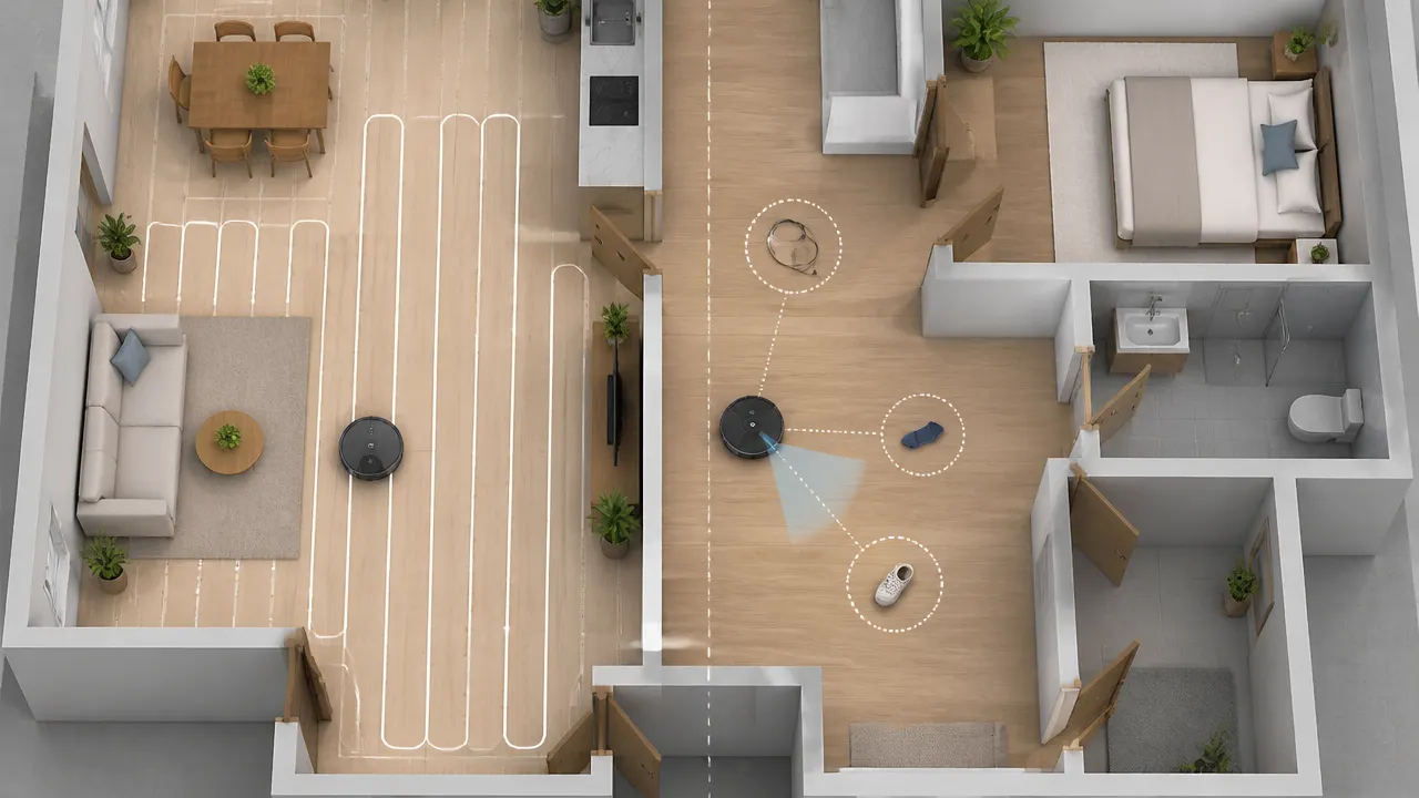 Navigation et évitement : deux fonctions différentes Schéma générique montrant la différence entre cartographier une pièce et détecter de petits obstacles au sol