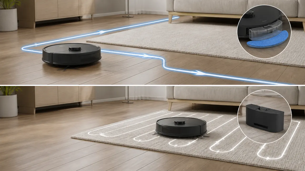 Pourquoi le module de lavage change le trajet Gestion d’un tapis avec et sans serpillière