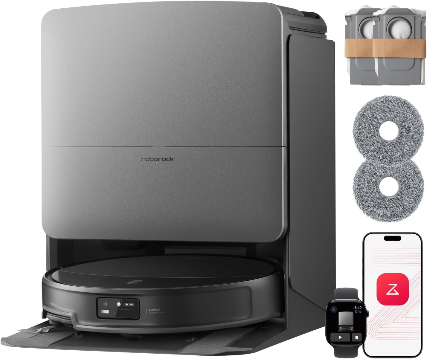 roborock Saros 20 Set Robot Aspirateur Laveur, Châssis AdaptiLift 3.0 | 36000Pa, Autonome StarSight 2.0, Double Anti-enchevêtrements, Technologie FlexiArm, Nouv. Station RockDock, Ultra-mince