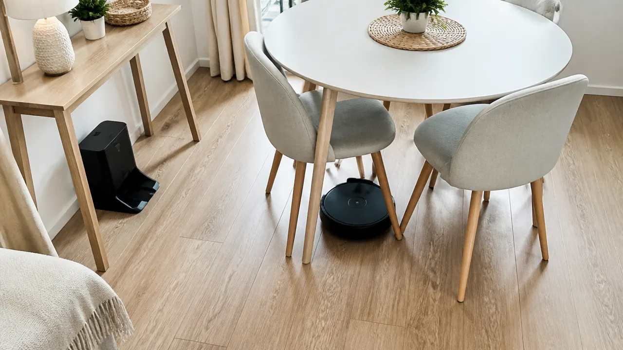 robot-aspirateur-petit-appartement Petit robot aspirateur circulant entre les pieds de chaises dans un studio