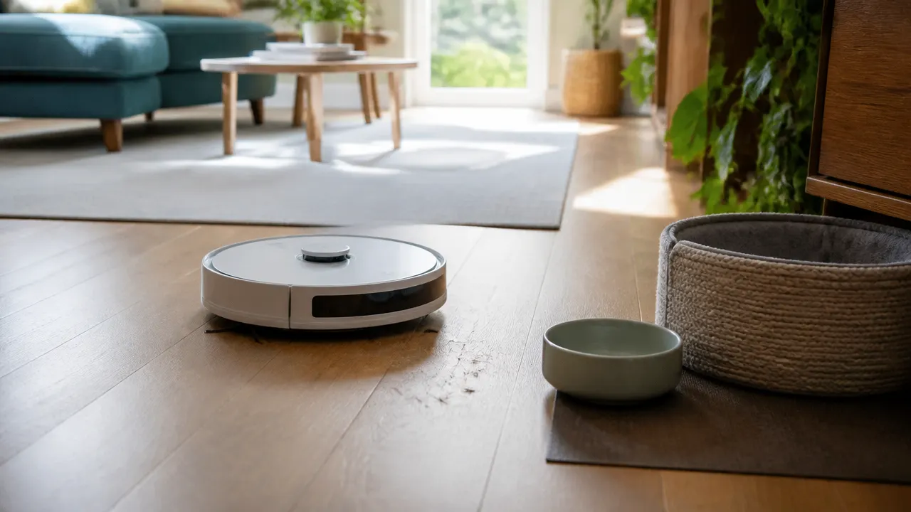 robot-aspirateur-poils-animaux Robot aspirateur ramassant des poils près d’un panier pour animal