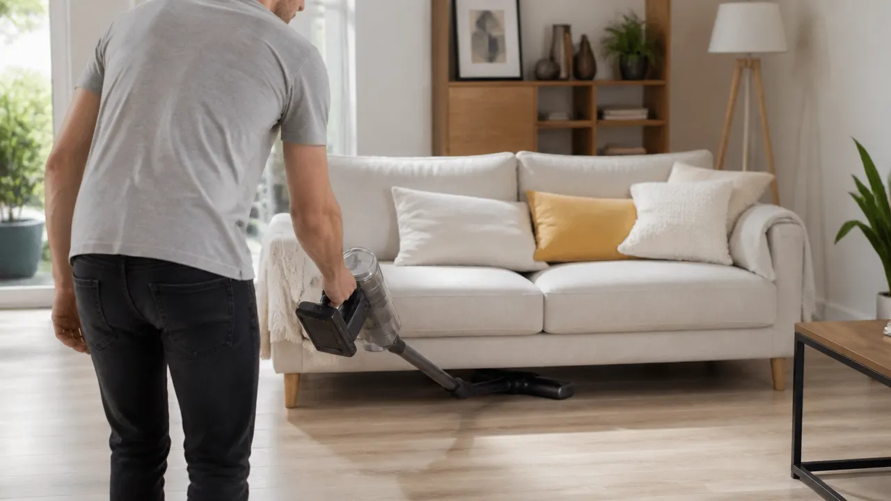 usage-aspirateur-balai-sous-canape Utilisateur passant l'aspirateur balai sous un canapé dans un salon