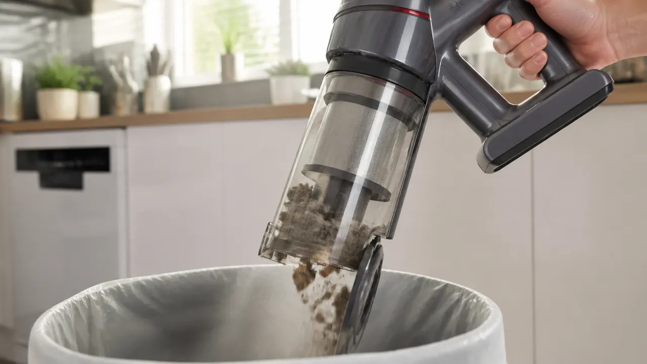 vidage-bac-poussiere-aspirateur-balai Main vidant le bac à poussière d'un aspirateur balai au-dessus d'une poubelle