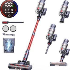 INTETURE Aspirateur balai sans fil 550 W/45 KPA, aspirateur sans fil puissant 60 minutes avec écran intelligent, aspirateur balai sur pied et brosse anti-emmêlement pour tapis, sols durs, poils d'animaux