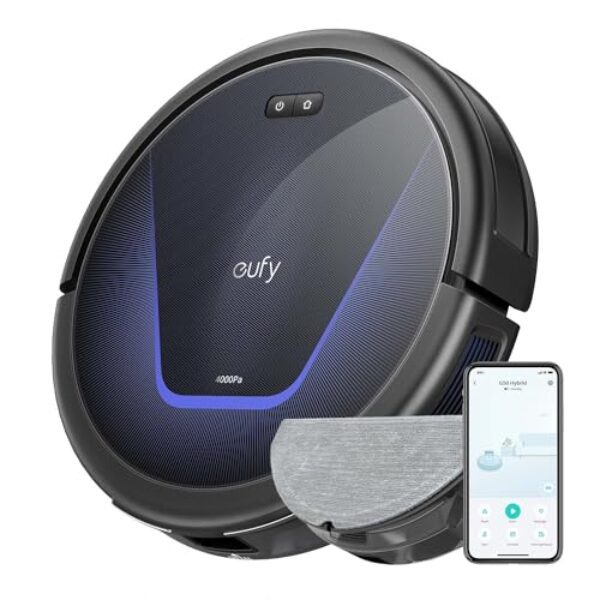 eufy G50 Aspirateur robot hybride, aspiration 4 000 Pa, navigation dynamique, peigne pro-démêlant, brosse à rouleau, tampon de nettoyage pour laver les surfaces de sol, pour poils d'animaux, sols durs, tapis