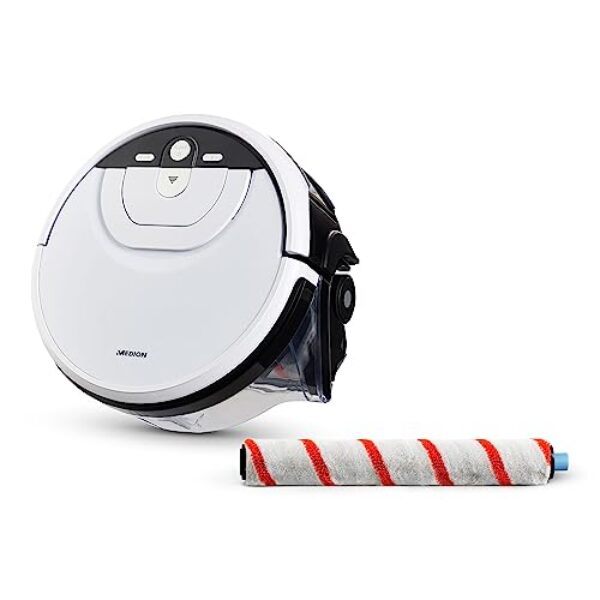 Robot de nettoyage MEDION avec réservoir d'eau (navigation intelligente, nettoyeur de sol avec brosse pour parquet, sols durs, réservoir d'eau sale/propre séparé, MD 20053) blanc