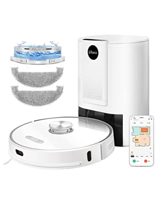 Robot aspirateur laveur Ultenic T10 avec station de vidange automatique, 3000 PA hyper puissant, navigation laser, contrôle via APP et Alexa, idéal pour les animaux et les grandes maisons