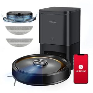 Ultenic T10 Elite Robot Aspirateur Vadrouille, Station Auto-Vide, Navigation Lidar avec Cartographie, Application et Alexa Connectée, Idéal pour les Poils d'Animaux, les Poils, la Poussière et les Tapis, Noir