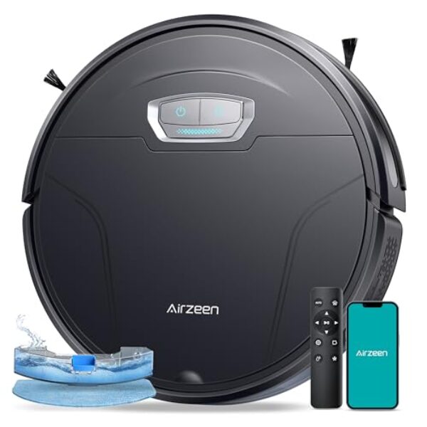 Airzeen Aspirateur robot avec aspiration forte de 4 500 Pa, aspirateur robot et balai 3 en 1, auto-alimenté, auto-chargeur, design mince de 2,9", télécommande/application/contrôle Alexa, idéal pour la maison