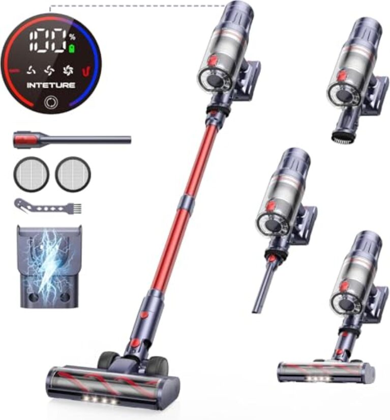 INTETURE Aspirateur balai sans fil, 550 W/45 KPA/60 minutes, puissant aspirateur sans fil, affichage intelligent, aspirateur balai, chargement mural et brosse anti-emmêlement pour tapis, sols durs, poils d'animaux