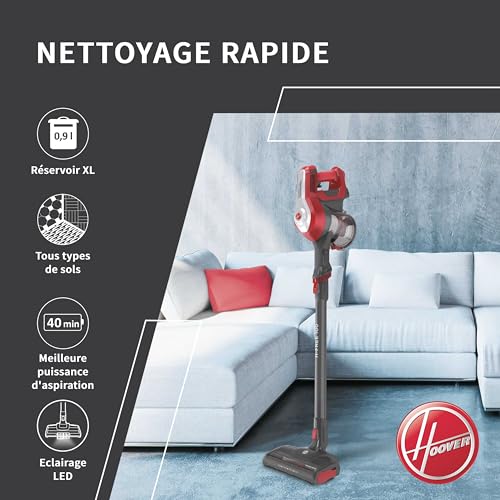 Aspirateur balai sans fil multifonction Hoover H-FREE100 HF122RH, puissant 22 V, longue autonomie 40 min, capacité max 0,9 L, position parking, filtre lavable, accessoires embarqués brosse meuble + buse
