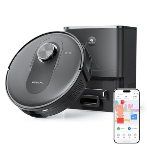 Proscenic Nouveau robot aspirateur Q8 Max avec station 18 000 Pa, robot aspirateur navigation Lidar, cartographie multi-étages, application connectée/Alexa/Siri/IFTTT, 200 minutes pour poils d'animaux, tapis, sols durs