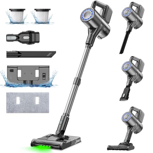 VersLife S7PLUS Aspirateur balai sans fil avec fonction de nettoyage, 2 en 1 puissant aspirateur sans fil 35 Kpa, lumière LED verte, aspirateur balai pour moquettes dures, poils d'animaux 