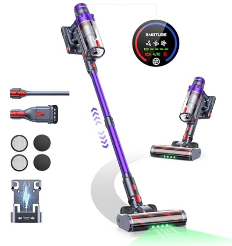 SMOTURE VAC02 Aspirateur balai sans fil 550 W, aspirateur sans fil puissant 45 kPa/60 min, aspirateur balai mural rechargeable pour tapis, poils d'animaux, sols durs et voiture