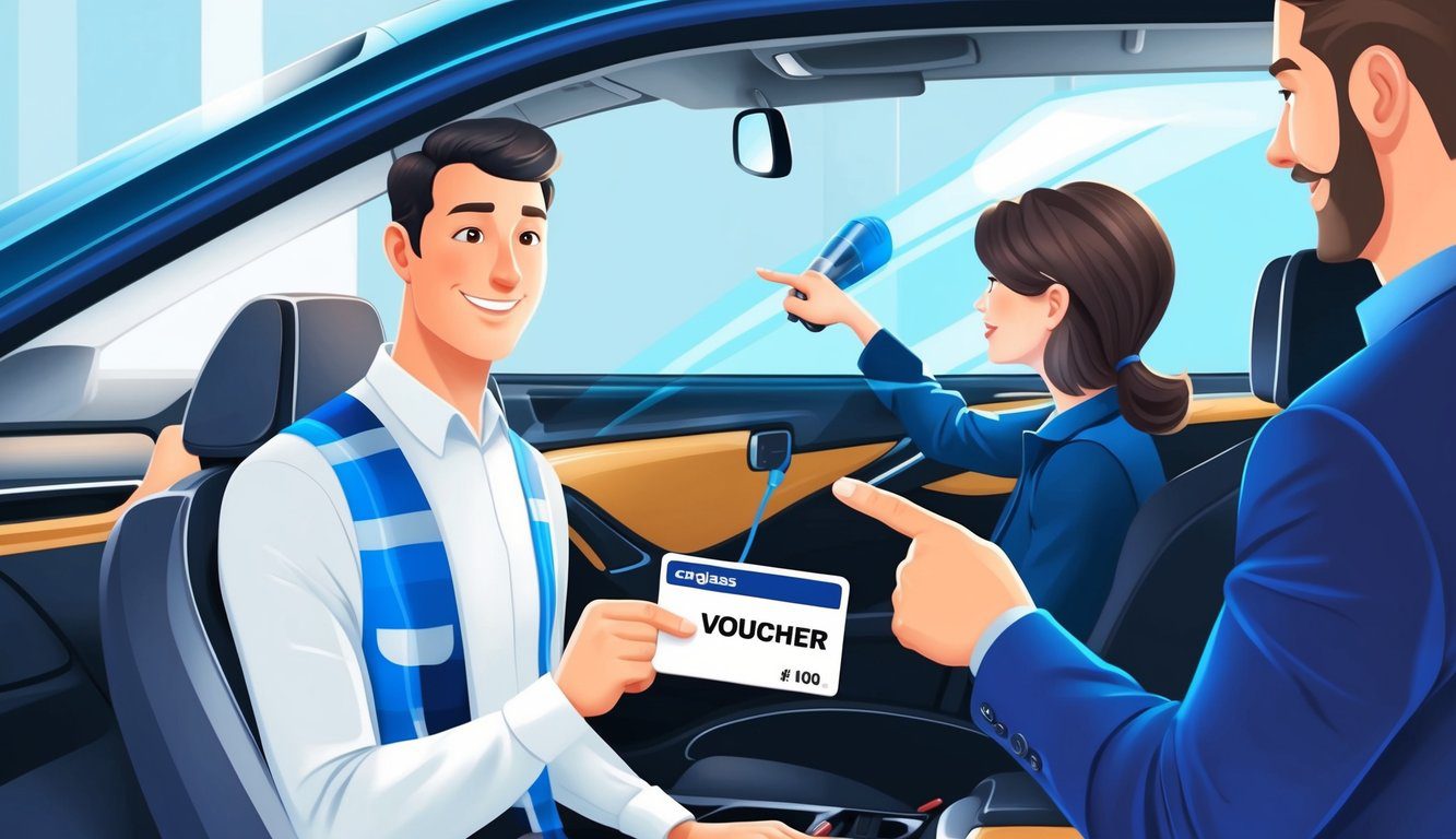 Comment récupérer l'aspirateur offert par Carglass : Guide pratique et étapes à suivre 2 Un client tenant un bon et pointant vers un aspirateur Carglass dans une voiture, avec un représentant expliquant l'offre.