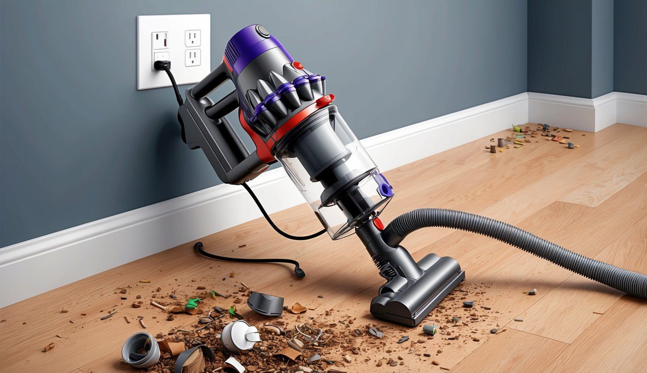 Faut-il laisser brancher aspirateur Dyson V8 : Conseils d'utilisation et sécurité 1 Un aspirateur Dyson V8 branché à une prise avec un cordon traînant au sol, entouré de débris éparpillés
