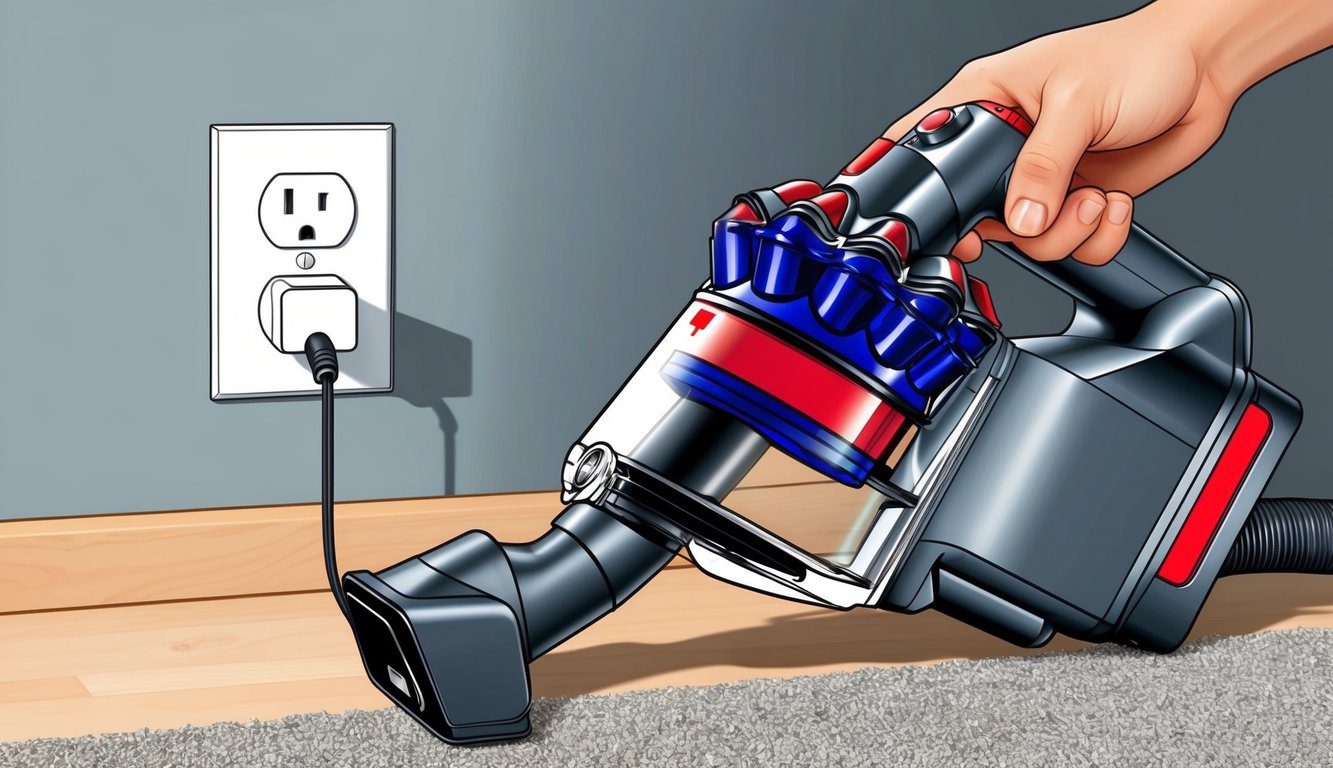 Faut-il laisser brancher aspirateur Dyson V8 : Conseils d'utilisation et sécurité 3 Un aspirateur Dyson V8 branché à une prise murale avec l'indicateur de charge allumé