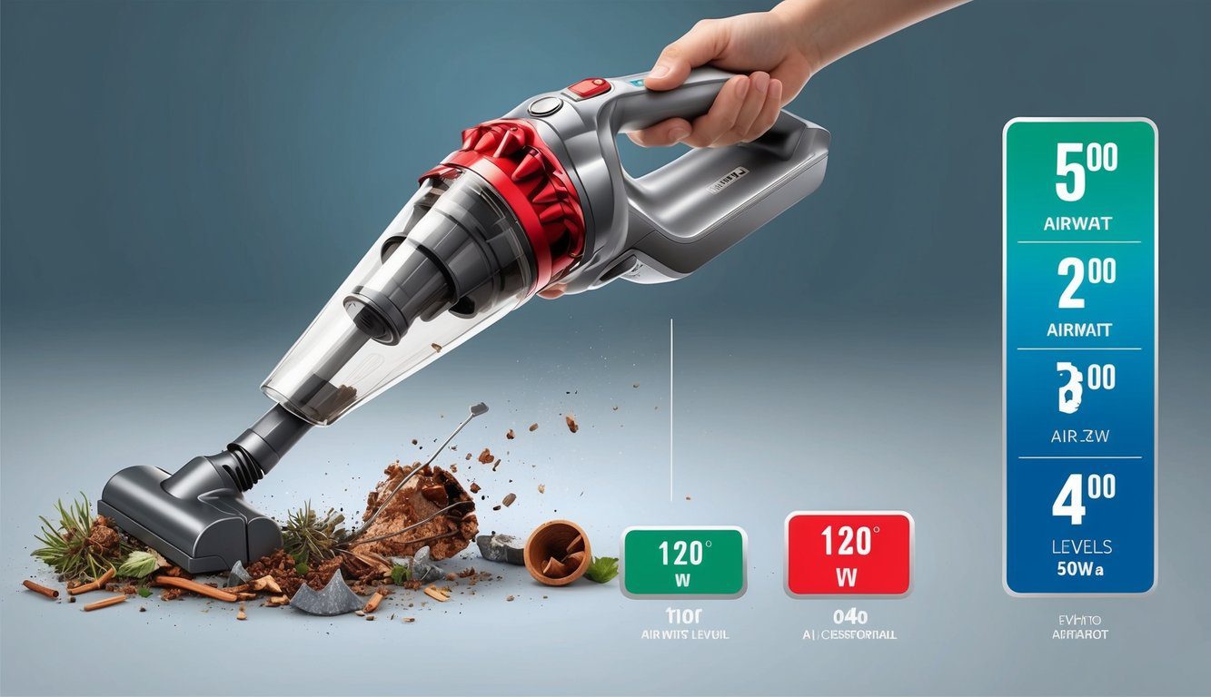 Combien de airwatt pour un aspirateur balai : Guide pour choisir le modèle adapté 2 Un aspirateur sans fil aspirant divers débris avec différents niveaux d'airwatt affichés à proximité.