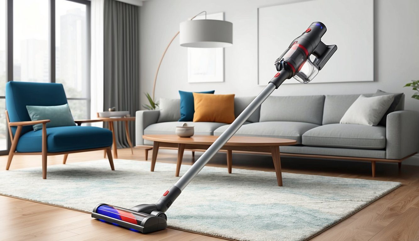 Combien de airwatt pour un aspirateur balai : Guide pour choisir le modèle adapté 3 Un aspirateur balai sans fil avec une haute puissance d'air, mettant en valeur son design élégant et sa forte aspiration dans un cadre de salon moderne.