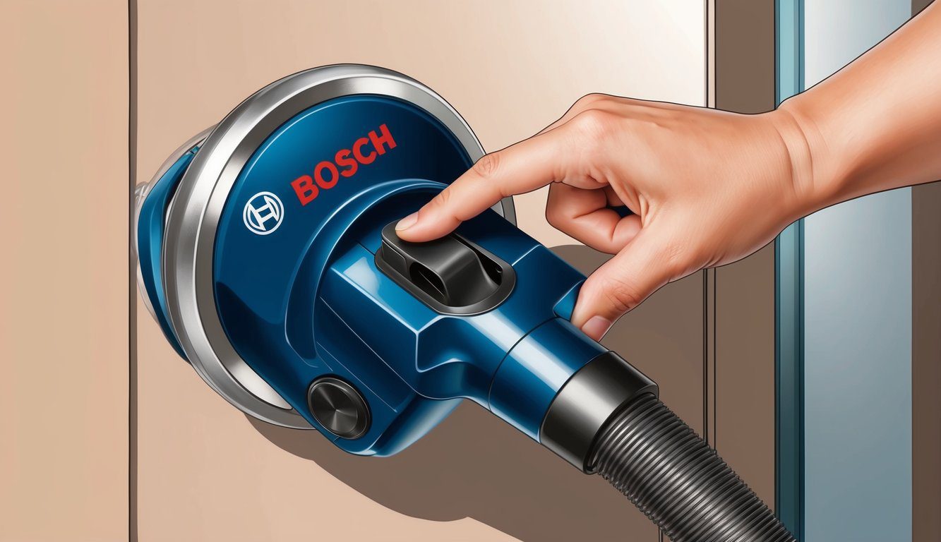 Une main atteignant le loquet d'un aspirateur Bosch, avec une expression curieuse sur le visage de la personne.