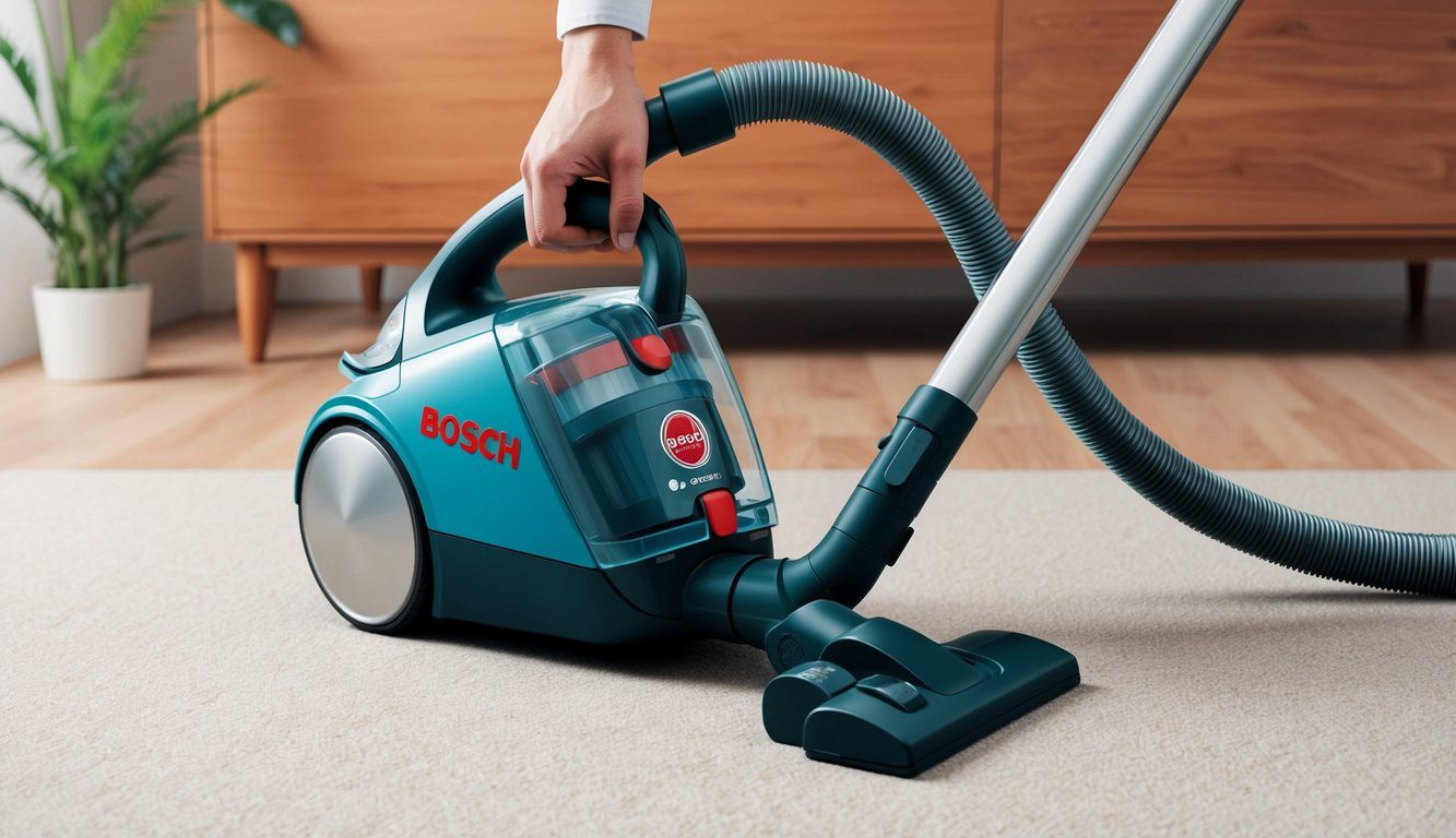 Un aspirateur Bosch en cours d'ouverture avec une main atteignant le loquet.