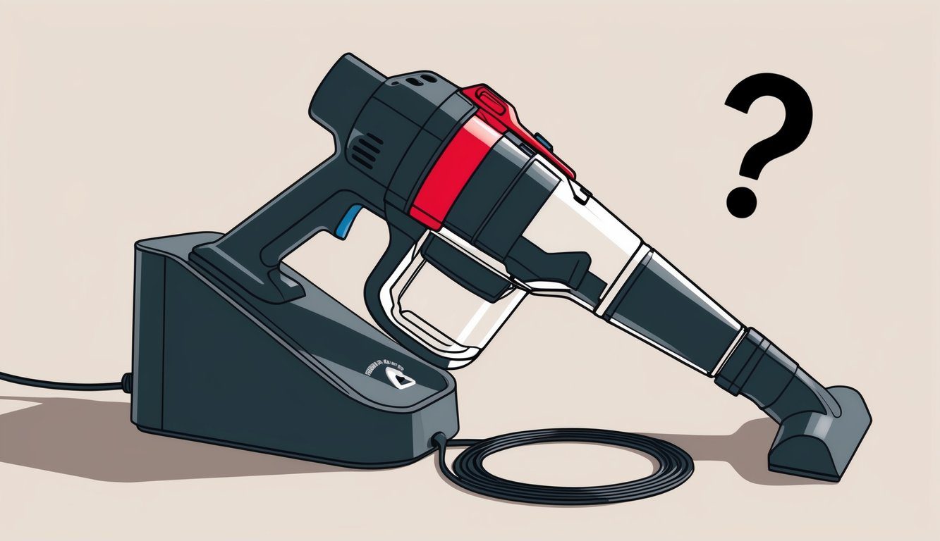 Faut-il laisser un aspirateur sans fil toujours en charge : impacts sur la batterie et l'utilisation quotidienne ? 2 Une illustration d'un aspirateur sans fil branché sur un dock de charge, avec un point d'interrogation au-dessus.
