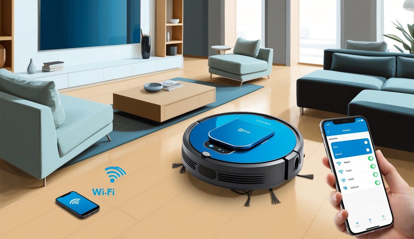 Pourquoi mon robot aspirateur ne se connecte pas au Wi-Fi : solutions et conseils pratiques 2 Un robot aspirateur est posé dans un salon moderne, entouré de meubles. Un smartphone avec un écran des paramètres du réseau Wi-Fi est visible à proximité.
