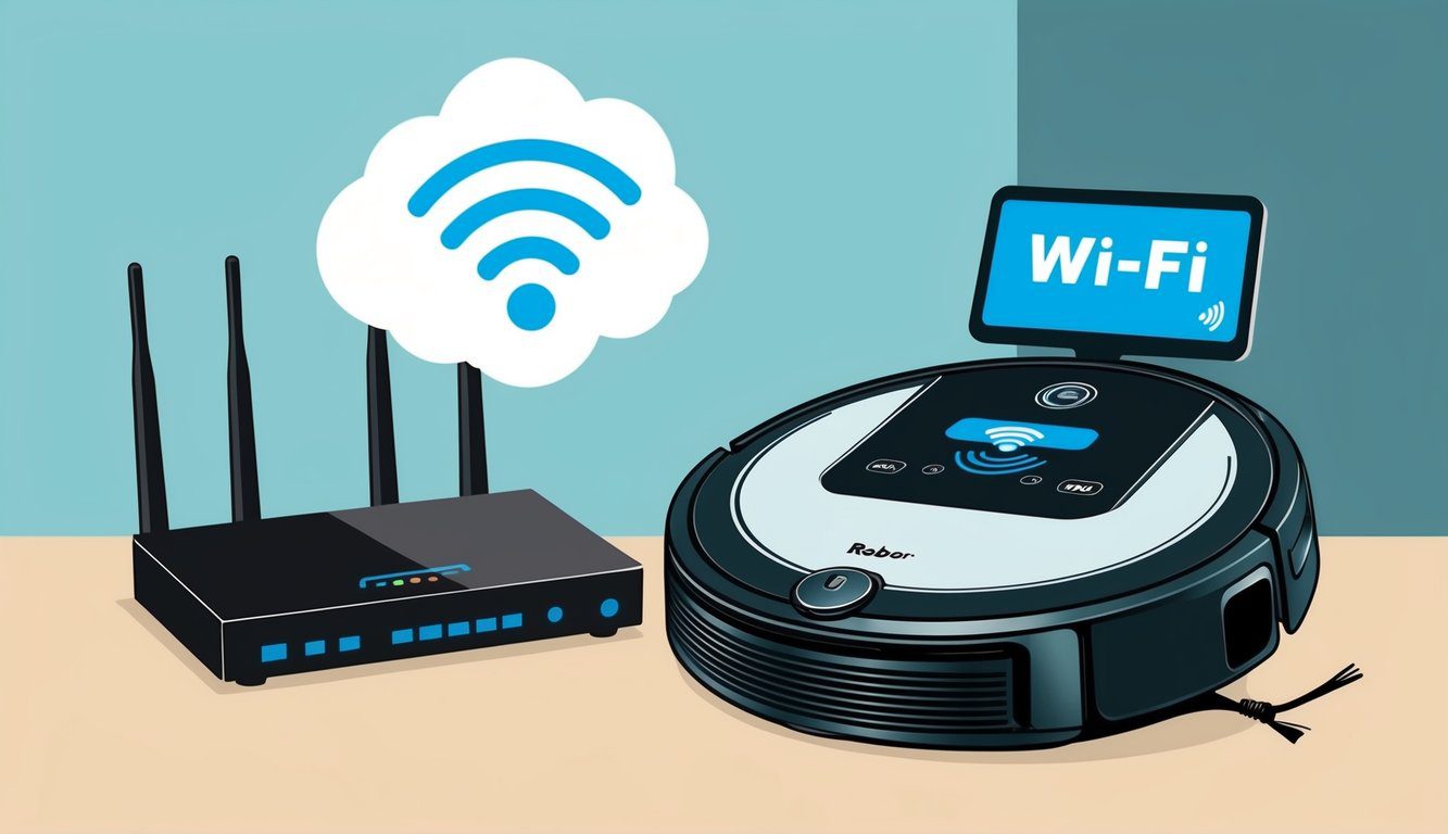 Pourquoi mon robot aspirateur ne se connecte pas au Wi-Fi : solutions et conseils pratiques 3 Un aspirateur robot est placé à côté d'un routeur, avec un symbole Wi-Fi clignotant et une expression perplexe sur son affichage numérique.