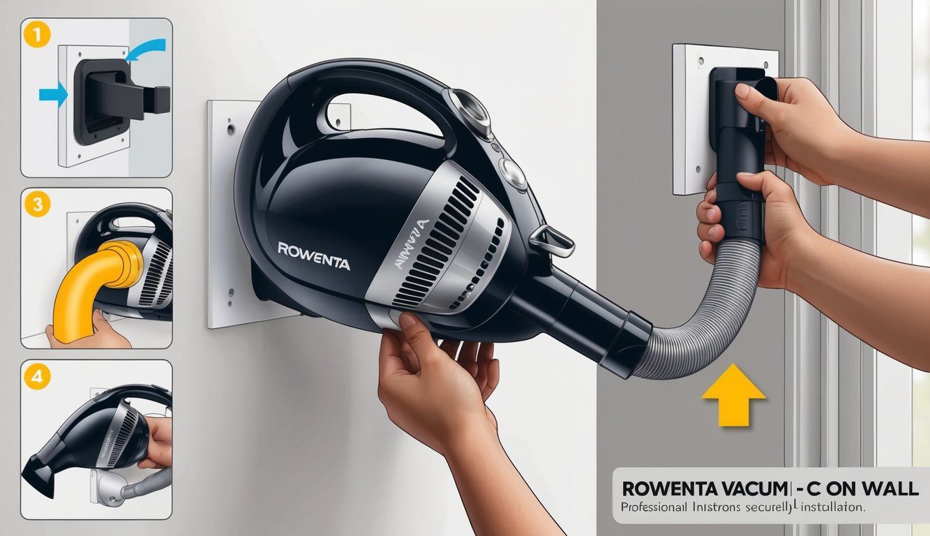 Un aspirateur Rowenta étant solidement monté sur un mur, montrant le processus d'installation étape par étape