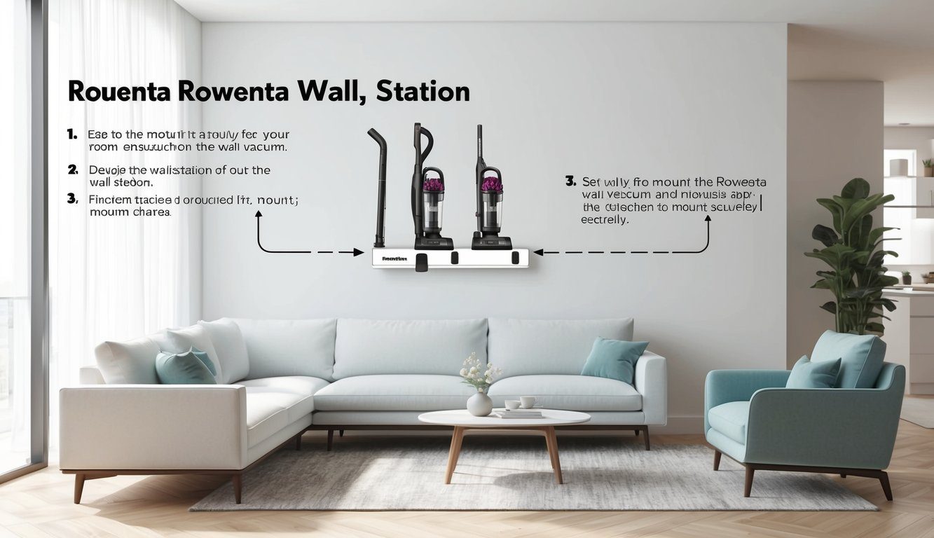 Un salon propre et moderne avec un espace mural bien organisé pour un aspirateur Rowenta, avec des instructions claires sur la façon de le fixer en toute sécurité.