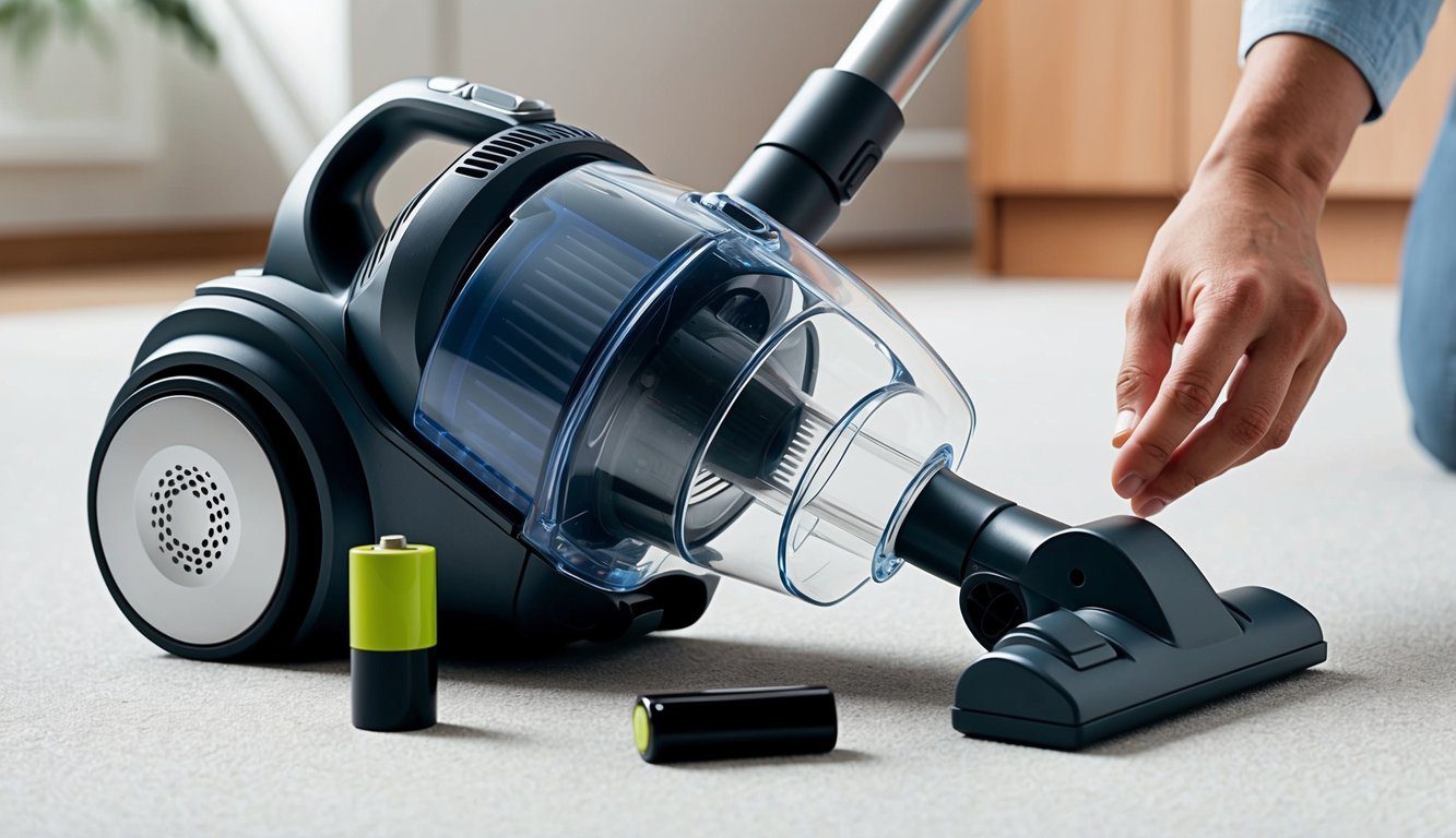 Comment changer batterie aspirateur Rowenta Air Force Extreme 24V : guide étape par étape 3 Un aspirateur couché sur le côté avec le compartiment de la batterie ouvert, une nouvelle batterie à côté, et une main de personne tendue vers l'aspirateur.