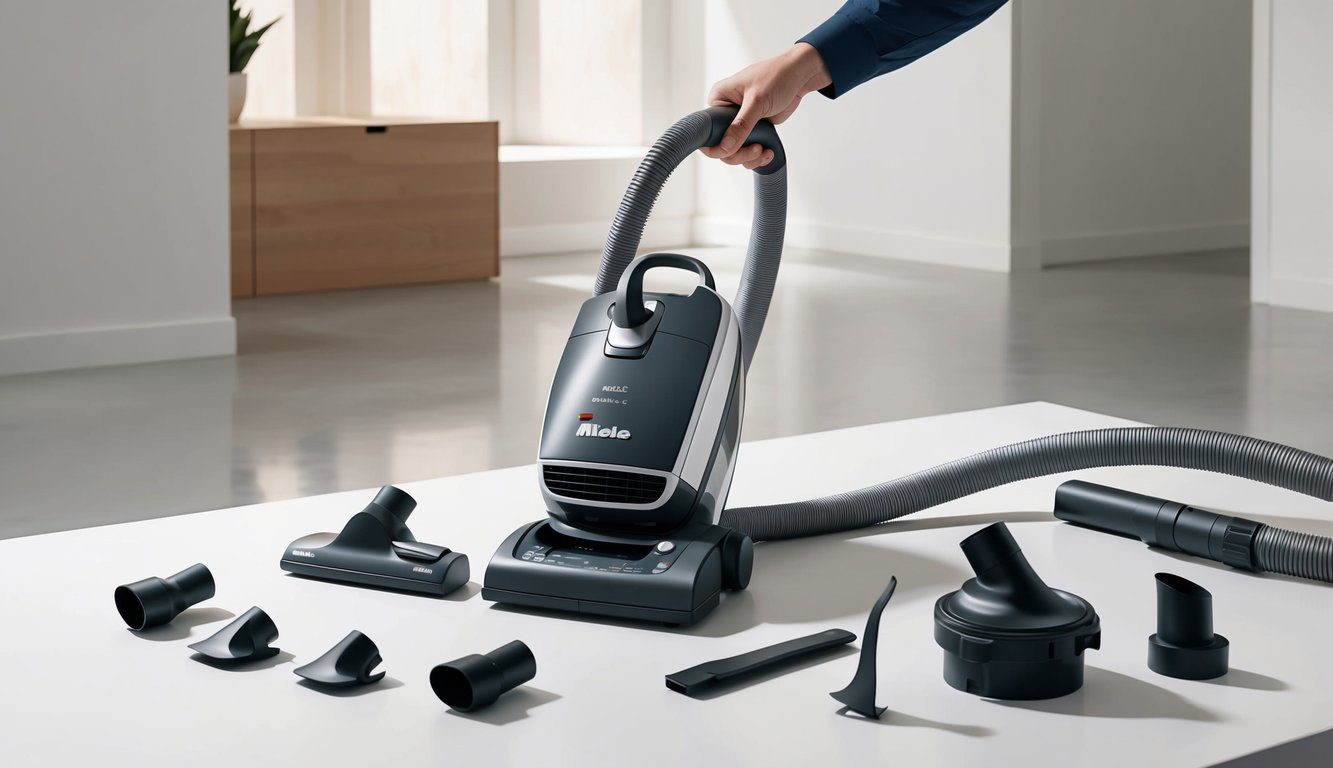 Comment démonter un aspirateur Miele Complete C3 : Guide étape par étape 3 Un aspirateur Miele Complete C3 étant démonté sur une surface de travail propre et bien éclairée avec diverses pièces étalées autour.