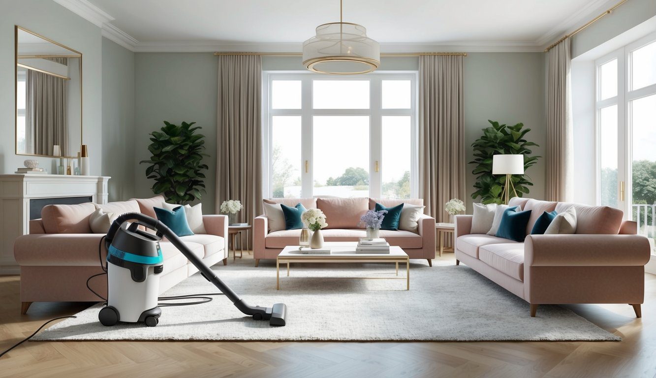 Combien de décibels pour un aspirateur silencieux : Guide des niveaux sonores et choix d'appareils efficaces 1 Un aspirateur silencieux émet 60 décibels tout en nettoyant un salon bien rangé avec des meubles en peluche et une grande fenêtre.